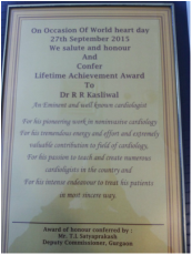 Dr RR Kasliwal Awarded on World Heart Day , Sep 27, 2015